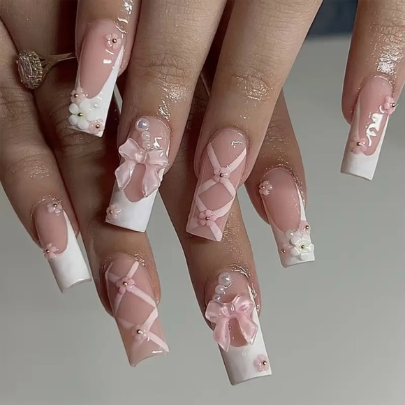 Elegant Pink & White Press On Nail Art 3D Bows Ballet French Tip Reusable NWT - Picture 1 of 11
